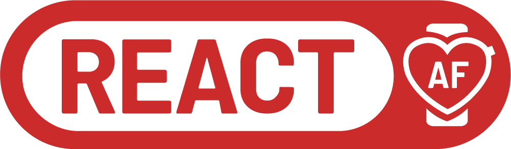 REACT-AF Trial logo is red and the 'AF' is inside a heart-shaped smartwatch icon.